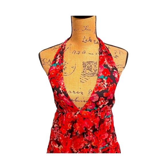 Truth and Pride Maxi Silk Floral Tiered Red Fuchsia Halter Dress. Size XS - Picture 3 of 6